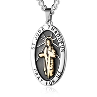 hzman mens silver stainless steel saint jude thaddeus jesus oval medal pendant necklace