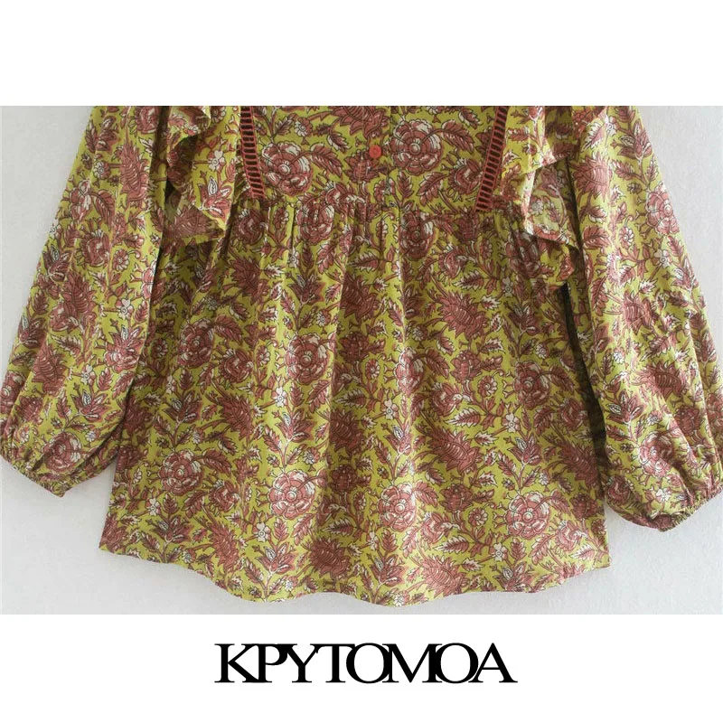 

KPYTOMOA Women 2020 Fashion Floral Print Ruffled Blouses Vintage O Neck Pull Sleeve Female Shirts Blusas Chic Tops