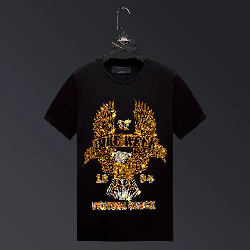 

2021 мужские футболки Eagle Стразы, модная уличная одежда, облегающие повседневные футболки из мерсеризованного хлопка с круглым вырезом и коро...