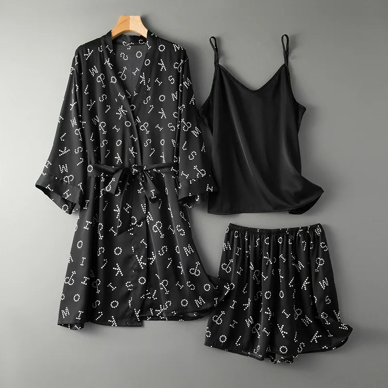 

Summer 3PCS Women Pajamas Set Sleepwear Sexy Suspender Home Suit Black Print Pijamas Suit Pyjama Pour Femme Faux Silk Loungewear