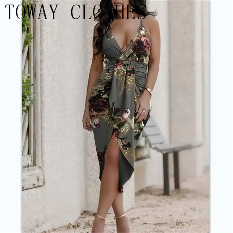 

V-Neck Spaghetti Strap Floral Print Crisscross Backless Ruched Asymmetrical Cami Dress Chic Summer Dresses For Women 2021