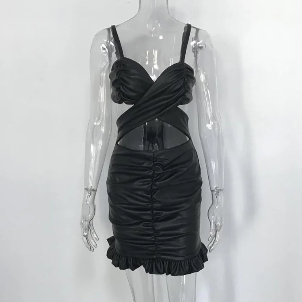 Женское платье из искусственной кожи сексуальное на бретельках с рюшами Клубное