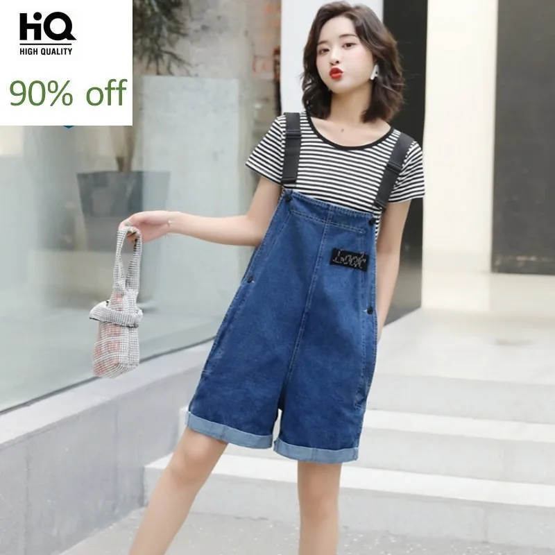 Летние джинсовые комбинезоны женские свободный крой широкие штанины короткие