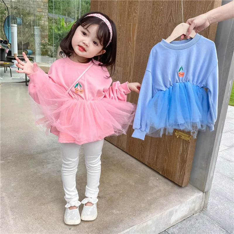 

Keelorn Girls Princess Dresses 2021 Korean Kids Cherry Print Costumes Korean Cute Children Mesh Patchwork Vestido Clothing