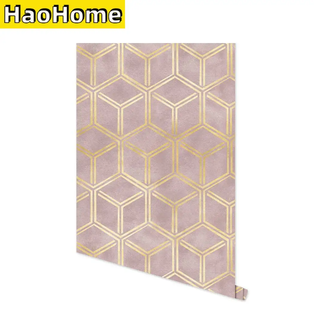 Pink Hexagon Self Adhesive Wallpaper Gold Striped Peel and Stick Wallpaper Solid Color Removable Contact Paper for Wall Decor