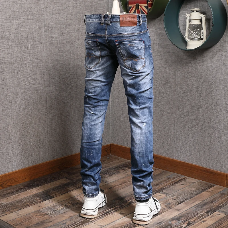 Mens Stretch Blue Ripped Jeans Men Casual Straight Leg Slim Fit Pants Streetwear Cotton Denim Trousers