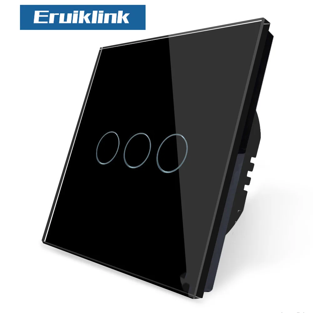 Роскошный настенный сенсорный выключатель Eruiklink EU/UK, настенный светильник, сенсорный выключатель, хрустальный стеклянный сенсорный экран, светильник - Цвет: 3 Gang Black Switch