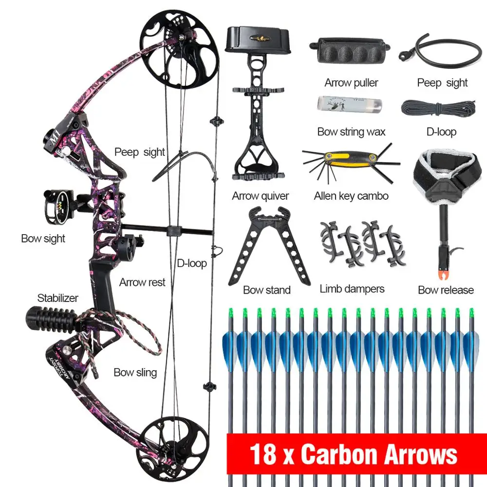 

19-70 Lbs M1 Compound Bow 320 FPS with Straight Pull Pulley Adjustable CNC Wheels for Archery Hunting Shooting