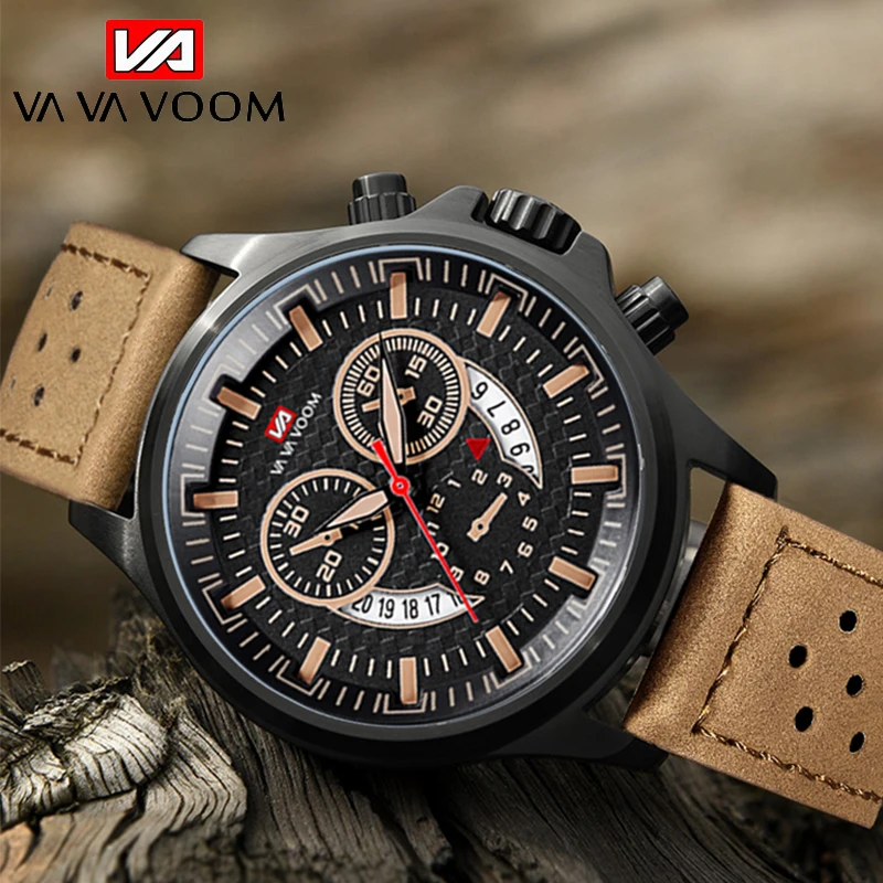 

VAVA VOOM Decorate Dial Men's Watches Fashion Sports Quartz Man Watch leather Band Date Military Men's Watch Relogio Masculino