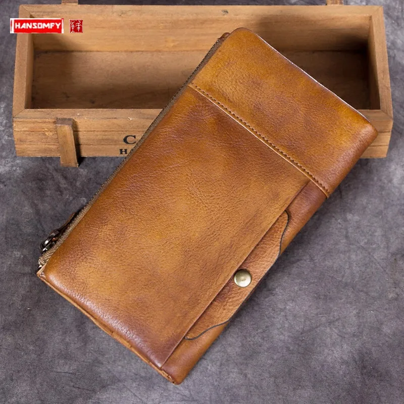 Vintage Leather Purse Men's Wallet Retro Large Capacity Clutch Bag Thin Card Holder Phone Wallets Men Full-grain Leather Cowhide