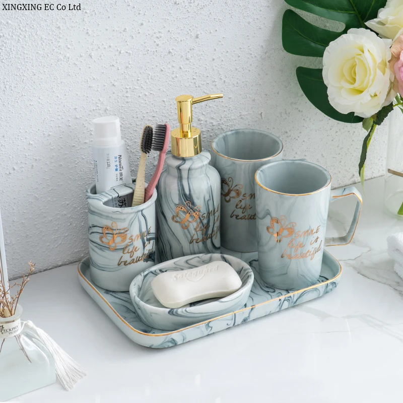 

Nordic Marble Gargle Cup Household Wash Brush Cup Simple Ceramic Bathroom Supplies Tray Creative Bathroom Accessories Set