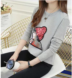 

Weather embroidery t-Shirts autumn Women Casual Loose long Sleeve Tops Femme Black