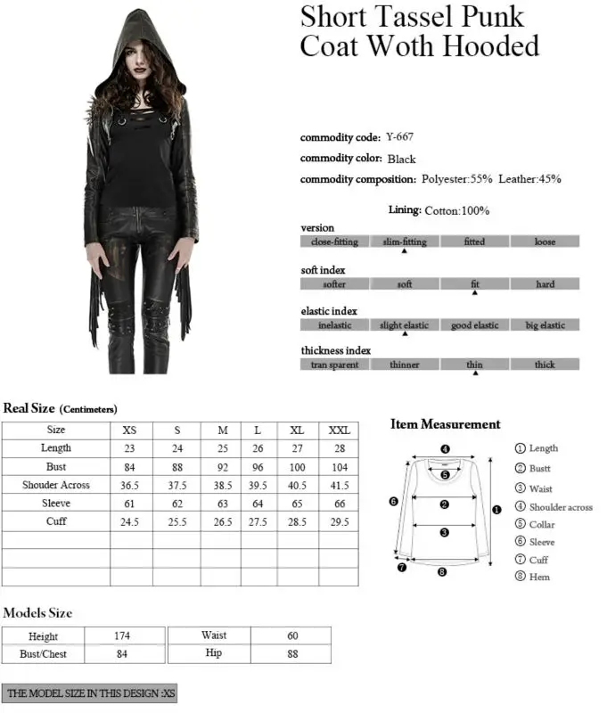 

PUNKRAVE Women's Punk Short Tassel Hooded Coat Streetwear Rivet Decoration Personality Leather Jacket