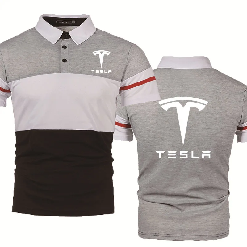 

2021NEW Summer Men's polo shirt Tesla Car Logo Printed High Quality Pure cotton Splicing casual Men's short sleeve