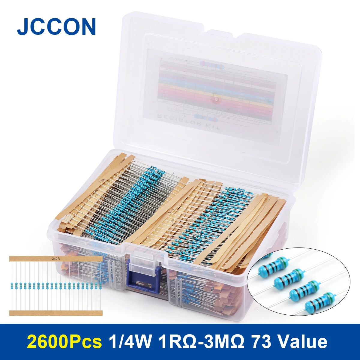 

2600Pcs 1/4W 1RΩ-3MΩ 5% 73 Value Metal Film Resistor Rang Carbon Film Metal Resistors Assortment Kit Set Resistor