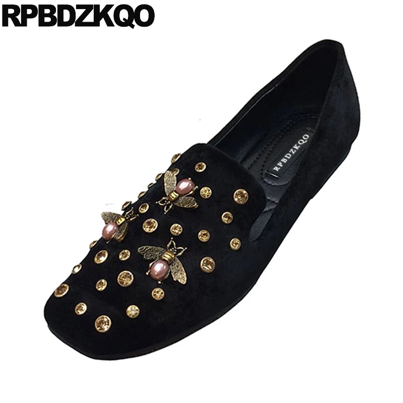 Фитнес Diamond Rhinestone Черный Кристалл Квадратный Toe Bee Дамы Красивые Квартиры Обувь Китайские Мокасины Весна Осень Замша Женщины