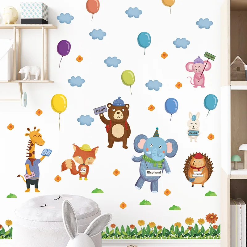 

Cartoon Animal Garden Party Cloud Balloon Elephant Giraffe Children Room Home Decoration Wall Sticker