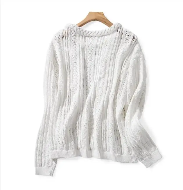 

Chic Mohair Blend Knit 2020 Early Spring Autumn New Round Neck Hollow Twist Wool White Women Sweaters