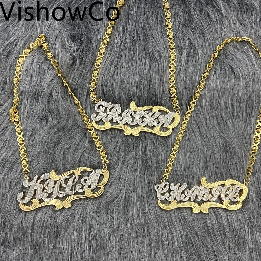 VishowCo 2021 New Custom Name Necklace Women Double Plated Gothic Nameplate Necklace Personalized Customized  Necklace Gift