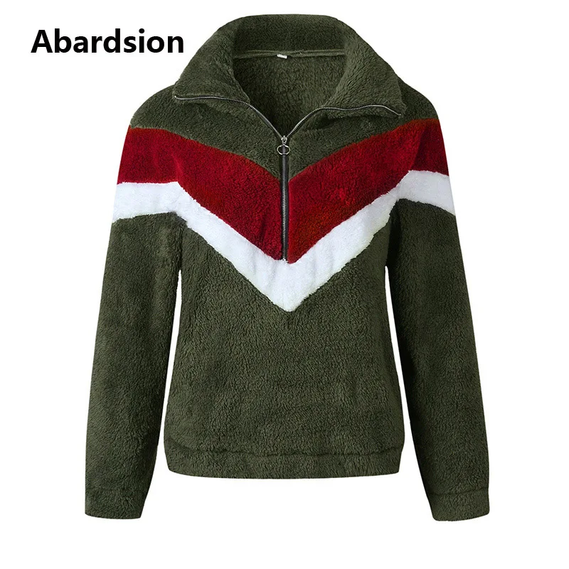 Армейский зеленый Abardsion/осень-зима, теплые меховые толстовки, верхняя одежда, Женский пуловер, Повседневный, пэчворк, на молнии, с длинными рукавами, плюшевая Толстовка - Цвет: Армейский зеленый