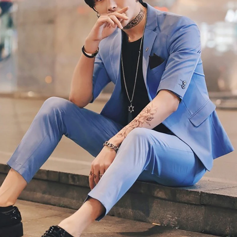 

2022 Suit Men Wedding Suits For Men Short Sleeve 2 Pcs Set Summer Korea Slim Fit Dress Tuxedo Black Suit Costume Homme Terno
