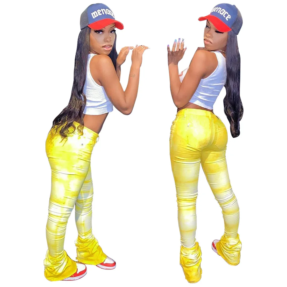 

«Вареный» деним наборный тренировочные женские брюки с высокой талией клеш для девочек плиссированные брюки на каждый день и для активного отдыха Леггинсы брюки из толстой ткани