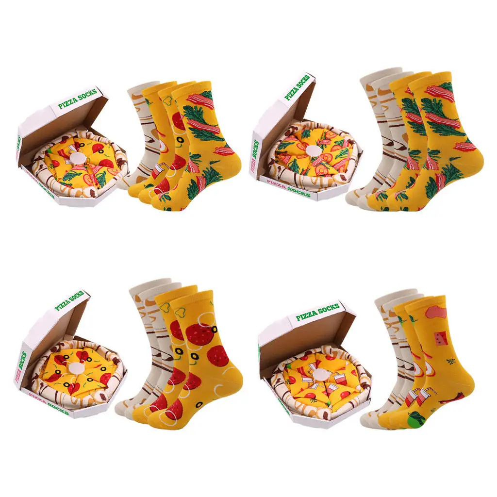 

4 Pairs Pizza Socks Box Christmas Gifts Personalized Design One Size Funny Calf Socks Mid Calf for Kids Teens Adults Girls Boys