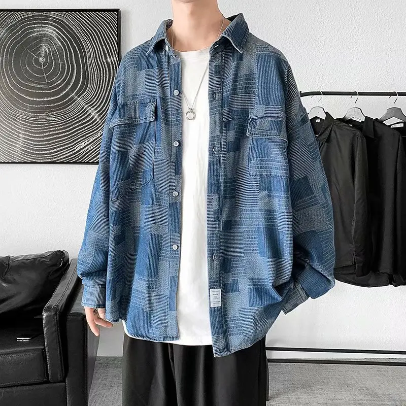 Japanese Streetwear Plaid Long-Sleeved Men's Shirt Korean Style Oversized Casual All-Match Overalls Jacket Gothic Punk Clothes