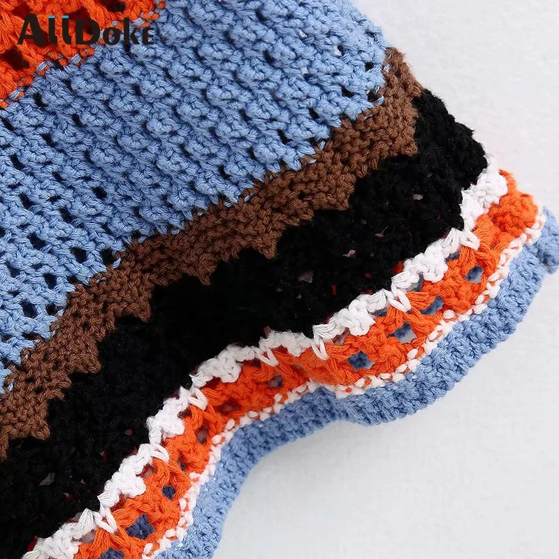 

ALLDOKE vintage patchwork knitted blouse women summer o neck flare sleeve sweater tops streetwear flower ladies blouses blusas