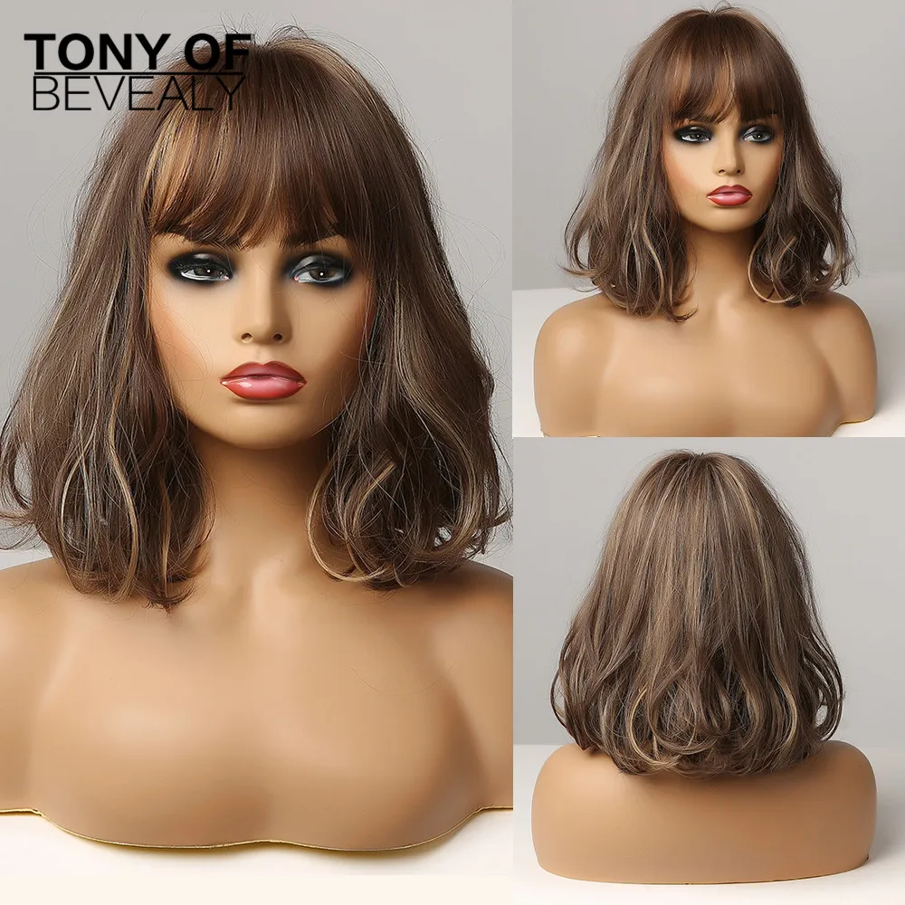 

Короткие Волнистые Синтетические парики Bobo с челкой, коричневые медовые золотые натуральные парики для косплея с хайлайтером для женщин и ...