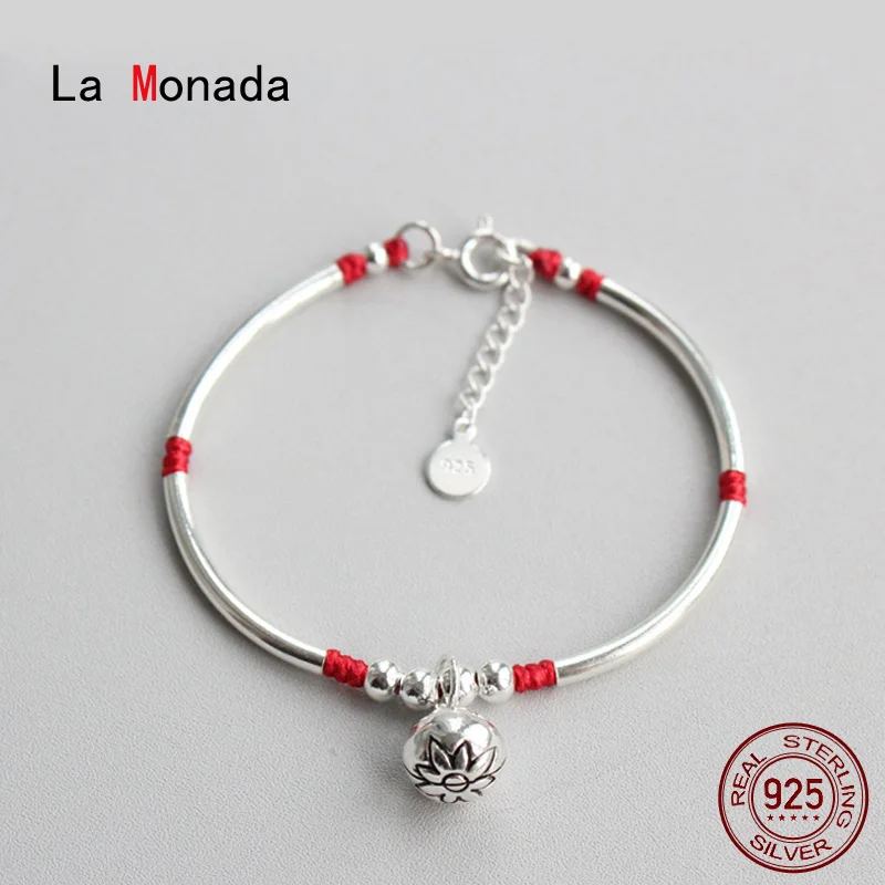 La Monada-pulsera de plata de ley 925 con hilo rojo para mano, brazalete de cuerda con tubo de campana, color rojo, plata 925