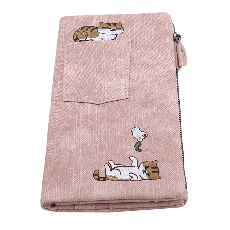 Pink Женский кошелек с отделением для карт с вышитым рисунком кошки, Женский кошелек с ручкой на запястье, Длинный кошелек, отделение для денег, карман, кошелек, кошельки - Цвет: Pink