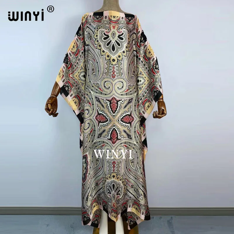 

WINYI robeLoose party Maxi Dress Women's Fashion Batwing Sleeve V-Neck Print Yellow Robe Long Dresses