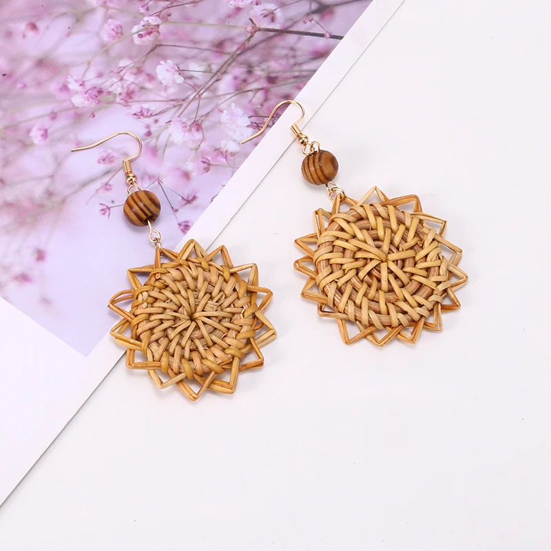 Богемное ротанговое плетение Висячие серьги для женщин ручной работы плетеная