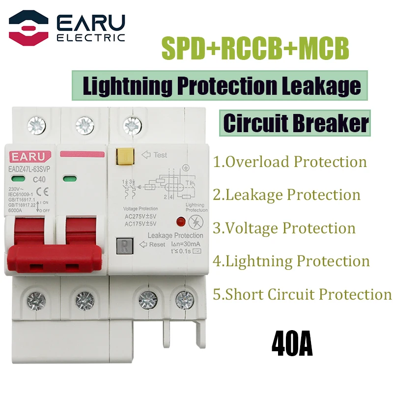 Автоматический выключатель остаточного тока 40A 2P SPD с защитой от молний и