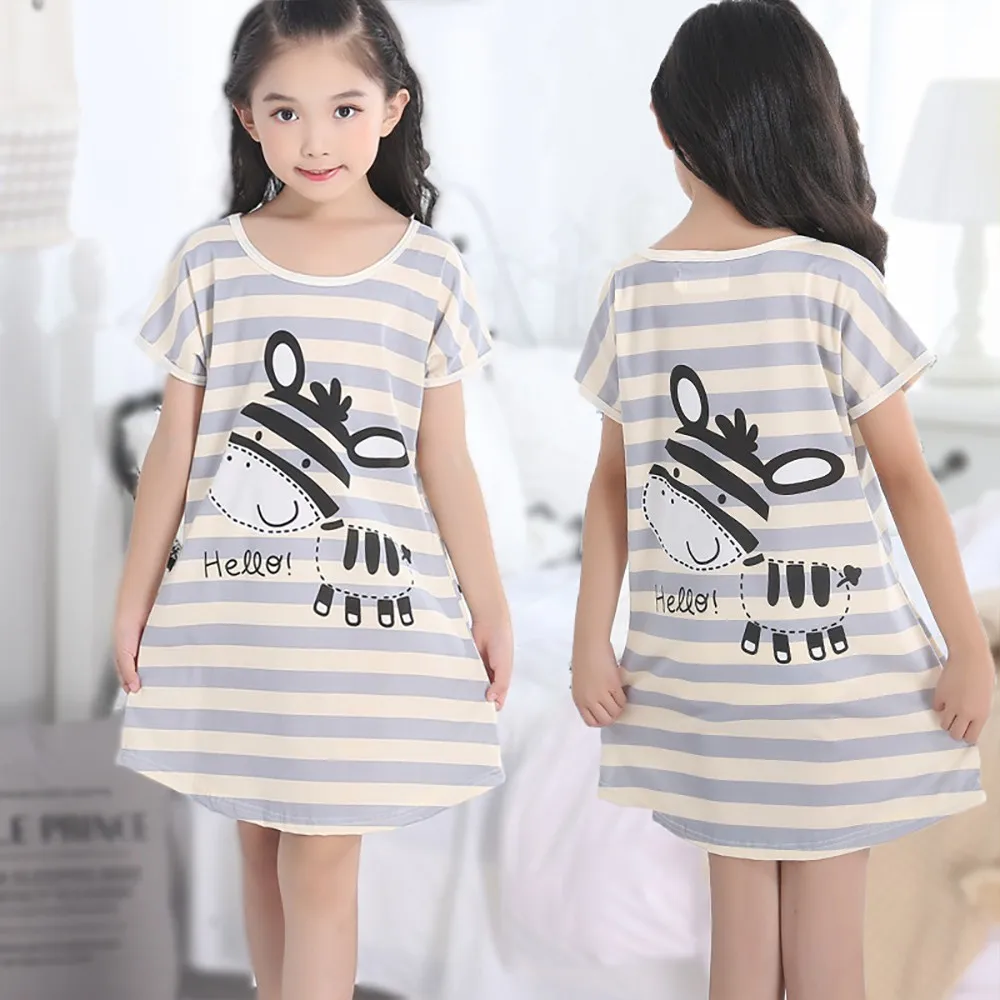 

Kids Girl Terno Pajama Dress Cartoon Short-sleeved Summer Loose Crew Neck Teenage night dress 3-10years baby nightgown