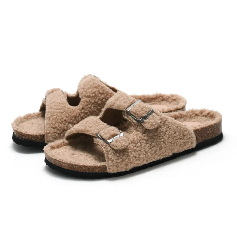 

Women's Cork Slippers Fall and Winter Lamb Wool To Keep Warm Casual Beach Shoes