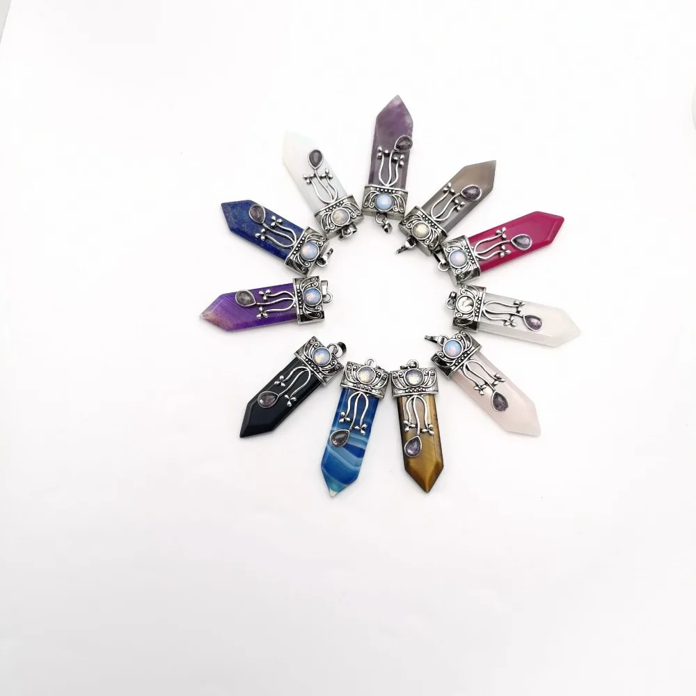 Reiki Natural Gem Stone Sword Pendants Pendulums Labradorite Pink Quartz Lapis Lazuli Black Obsidian Tiger Eye Jewelry 1PCS
