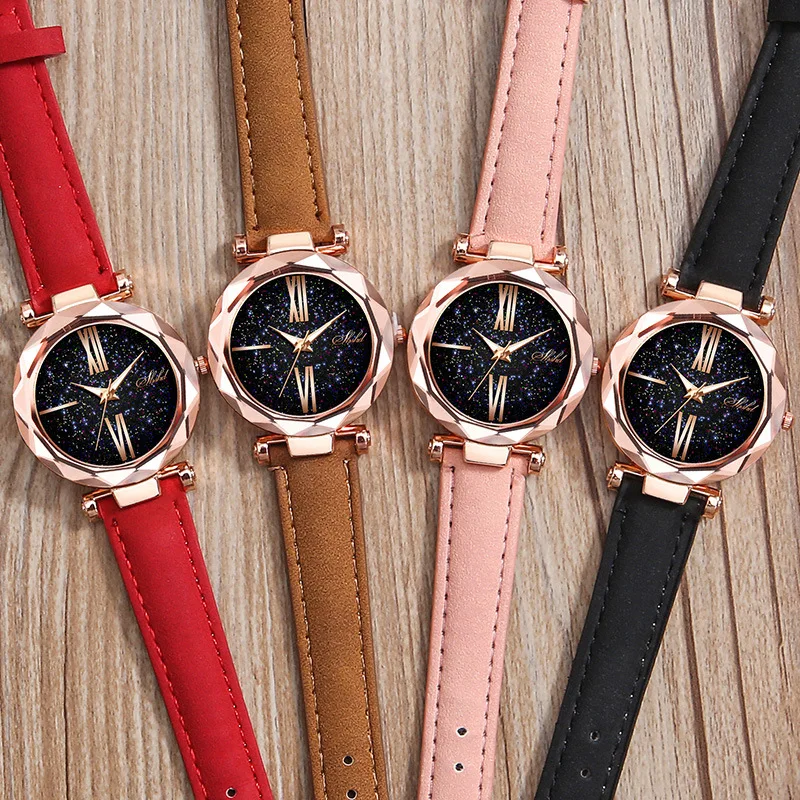 

Rhinestone Fashion Women's Watch Sky Star Quartz Watch Women Leather Band Wrist Watch Female Clock Ladies reloj reloj mujer