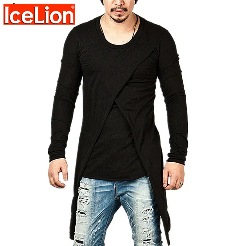 

IceLion 2023 New Summer Long Tshirt Men Fake Two Piece Solid Long Sleeve T-shirt Streetwear Hip Hop Fashion Casual Tee Shirts