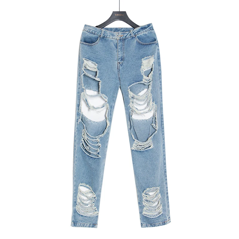 TWOTWINSTYLE Streetwear Ripped Hole Straight Denim Pants For Women High Waist Pants Female Fashion Clothes Summer New