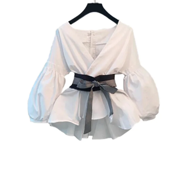 2019 хлопок женщин Блузка белый лук тонкий фонарь рукавами дизайн в полоску lady