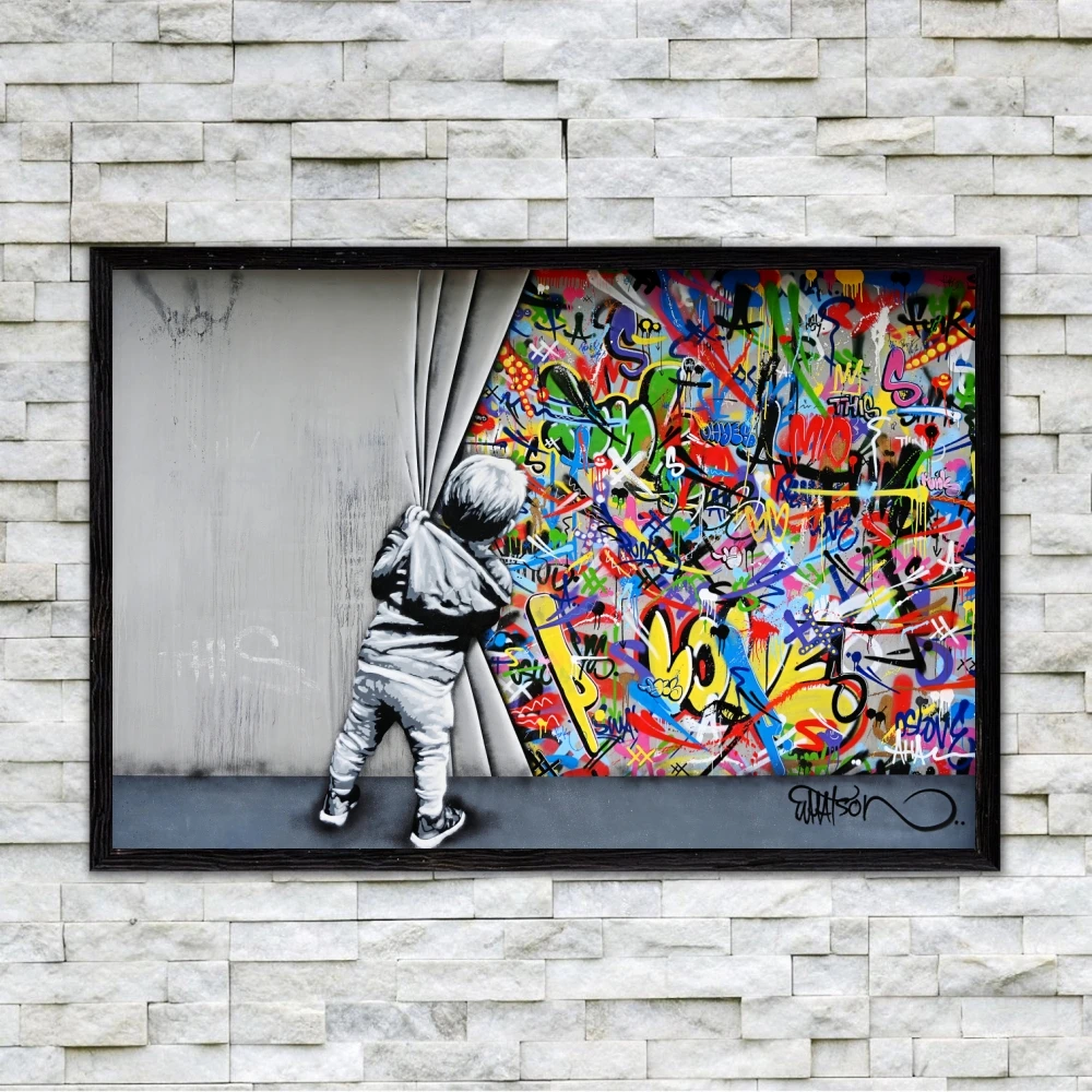 

Pop Graffiti Street Artwork Kids Behind The Curtain Canvas Painitngs Posters and Prints for Modern Home Living Room Decoration
