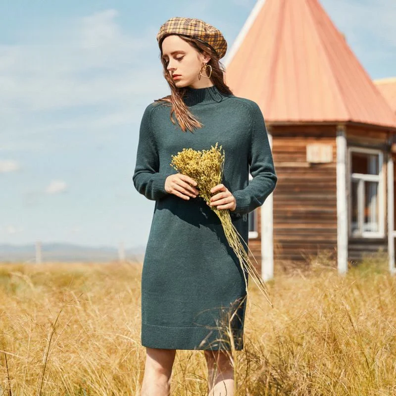 

Knit dress female winter temperament goddess fan simple style with wool half high collar mid-length base women's clothing