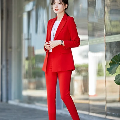 Red Pant Suits Офис работы Блейзер костюмы высокого качества женские туфли из органической кожи Штаны костюм блейзеры Куртки с брюк комплект из двух предметов красный розовый синий - Цвет: Red Pant Suits