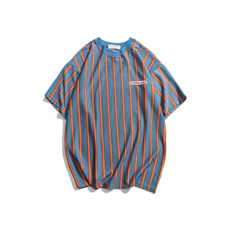 

High Quality Summer Men Tees Fashion Korean Loose Vertical Stripes INS O-Neck Short Sleeve T- Shirt Street Style Male Couple Top