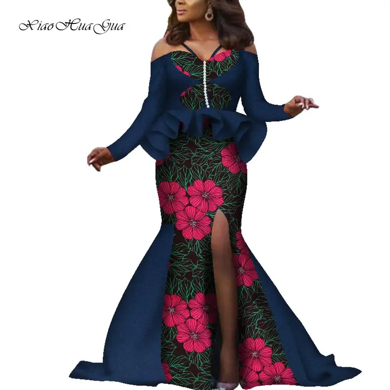 New African Outfits Beads Decration Off Shoulder Tops and Floor-length Long Mermaid Skirt Sets 2 Pieces African Clothing WY6173