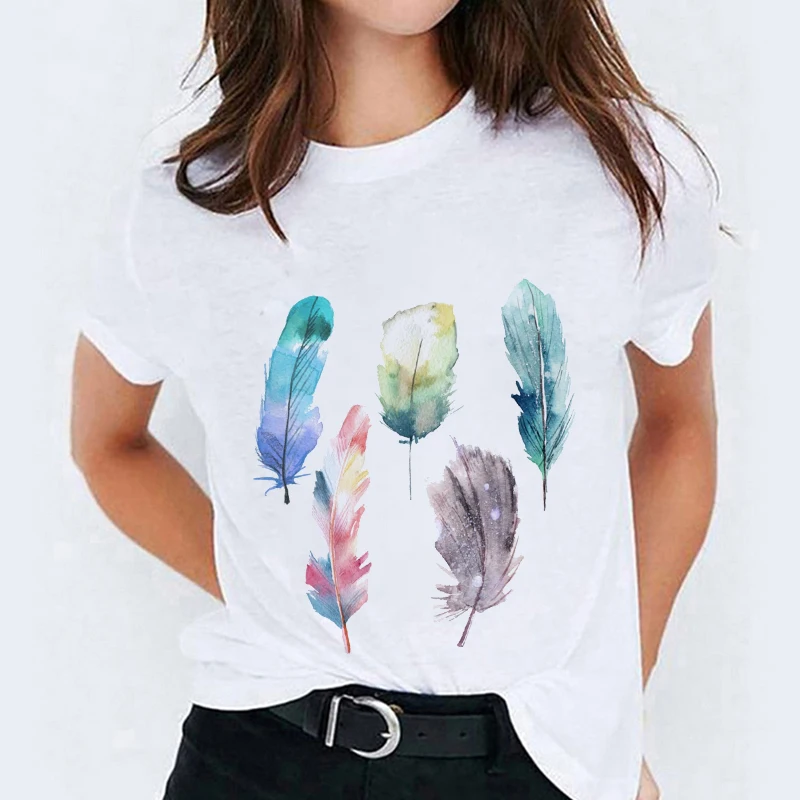 Женская футболка с принтом перьев повседневная Простая белая круглым вырезом и