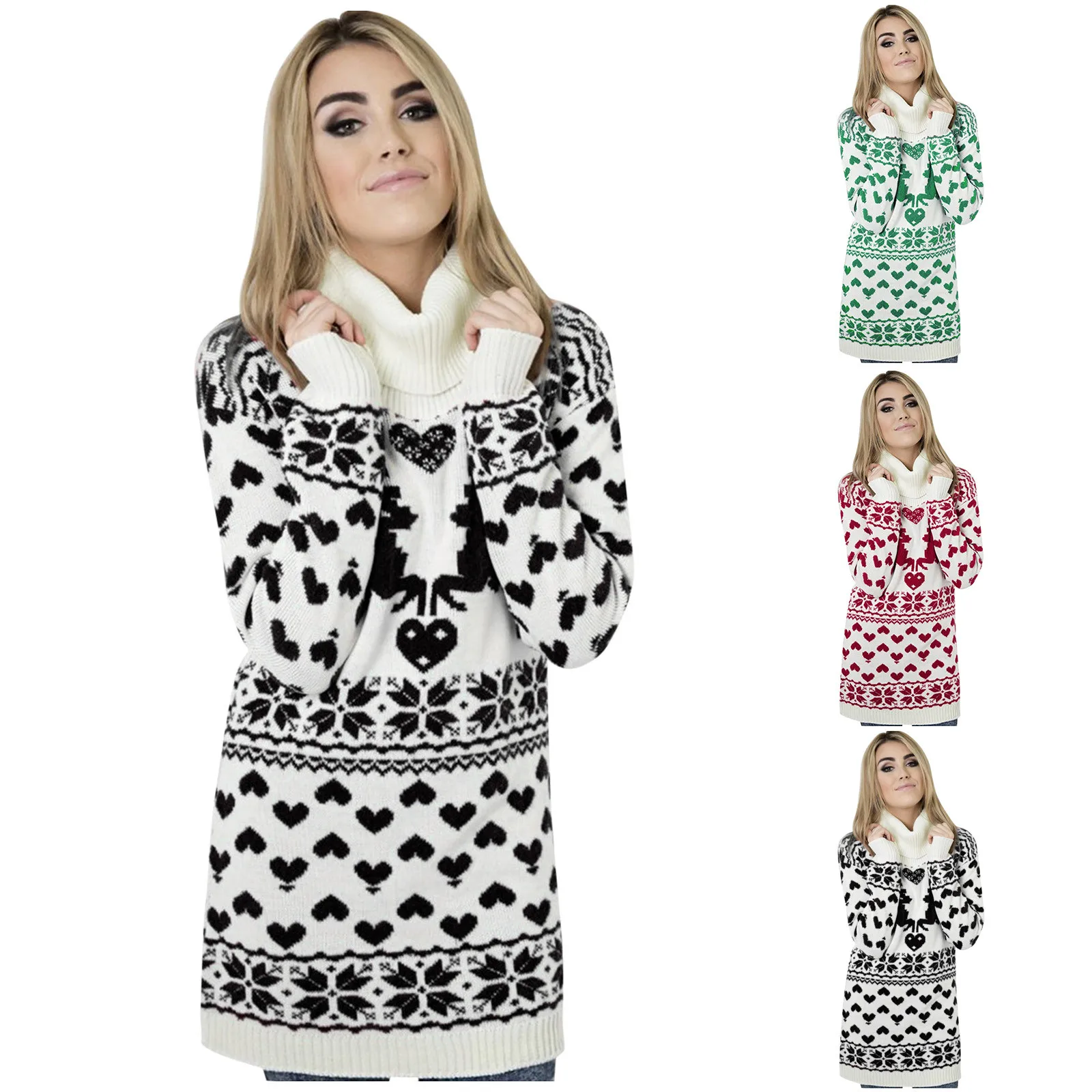 

Christmas High Collar Neck Print Long-sleeved Sweater Dress Mini Short Thick Winter Dress 2021 Slim Fit Ladies Knitted Fashion