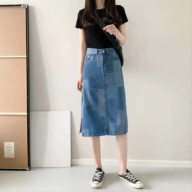 

2021 New Summer Dress High-waisted Thin Jacquard Fabric Side-split Denim Skirt In The Long Skirt DLBSQ343